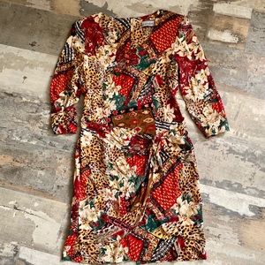 Vintage faux wrap animal print secretary dress